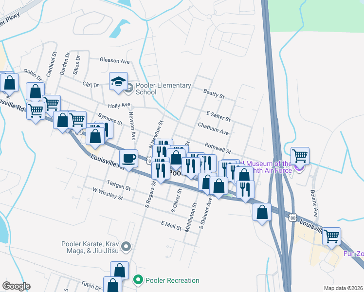 map of restaurants, bars, coffee shops, grocery stores, and more near 130 Rogers Street in Pooler