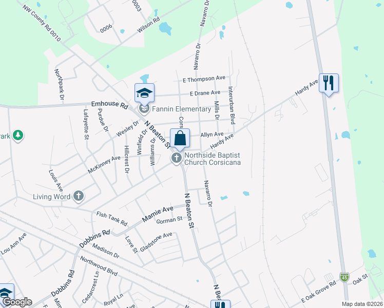 map of restaurants, bars, coffee shops, grocery stores, and more near 102 East Holsey Avenue in Corsicana
