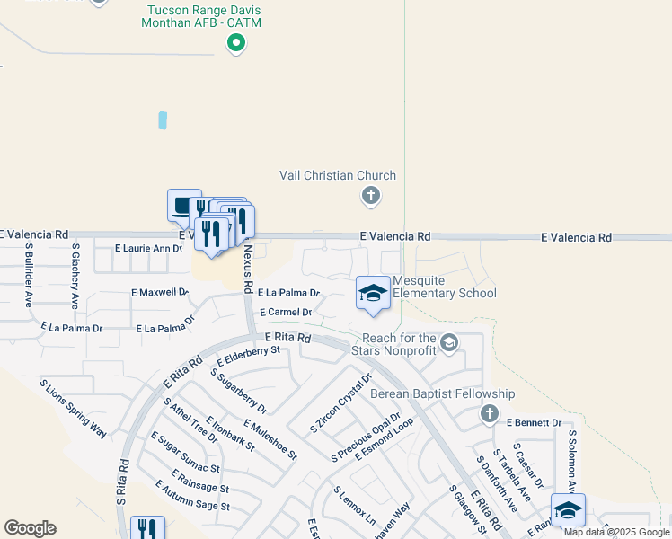 map of restaurants, bars, coffee shops, grocery stores, and more near 9364 East Valencia Road in Tucson