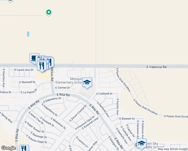 map of restaurants, bars, coffee shops, grocery stores, and more near 7360 South Frost Drive in Tucson