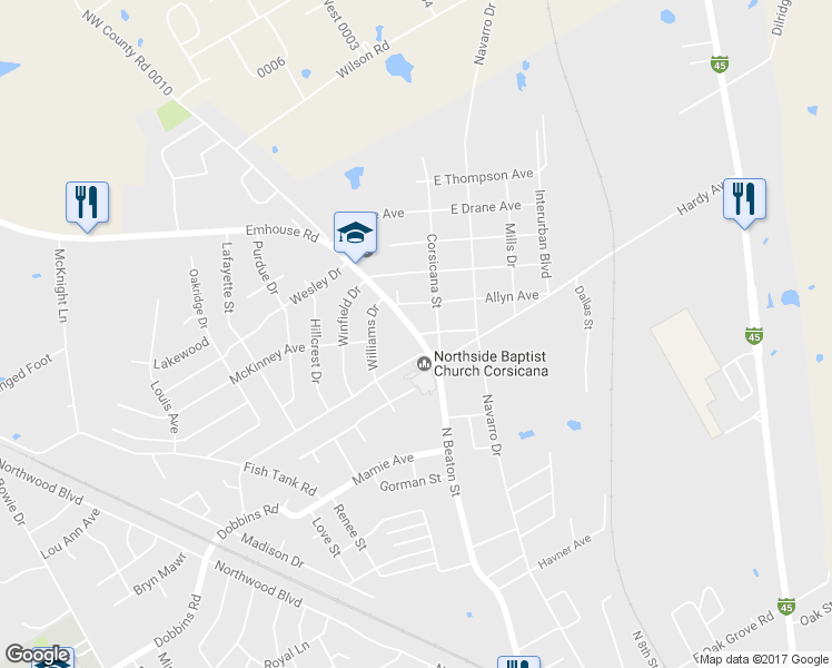 map of restaurants, bars, coffee shops, grocery stores, and more near 2900 North Beaton Street in Corsicana