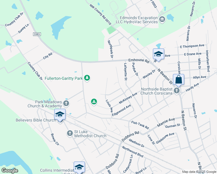 map of restaurants, bars, coffee shops, grocery stores, and more near 616 Oakridge Circle in Corsicana