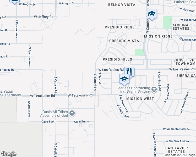 map of restaurants, bars, coffee shops, grocery stores, and more near 7374 South Nevil Drive in Tucson