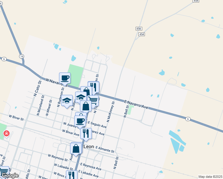 map of restaurants, bars, coffee shops, grocery stores, and more near 1040 North McKinney Street in De Leon