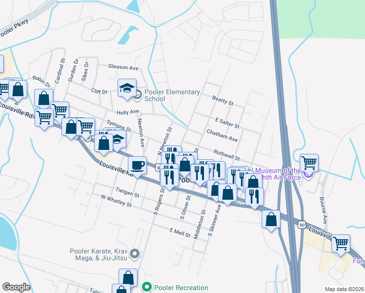 map of restaurants, bars, coffee shops, grocery stores, and more near 130 Rogers Street in Pooler