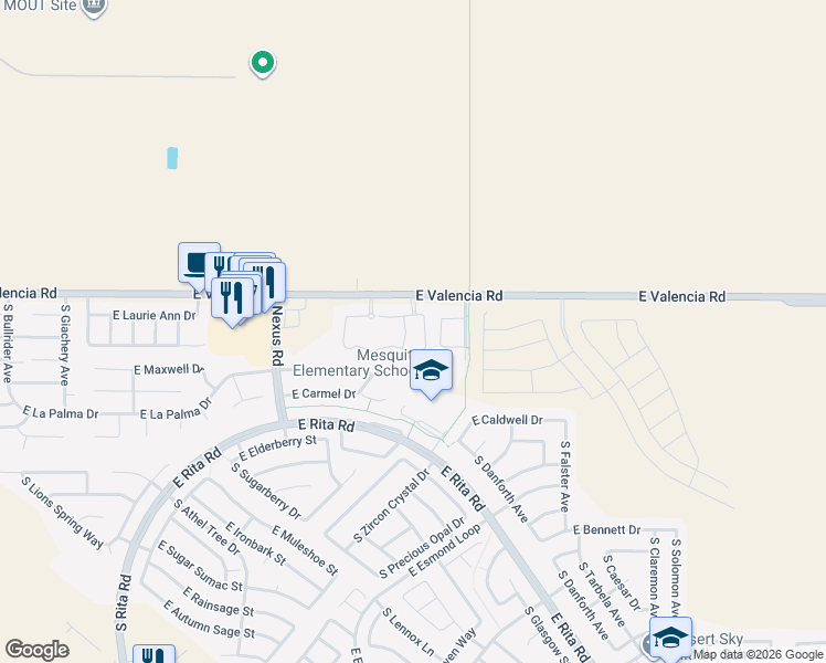 map of restaurants, bars, coffee shops, grocery stores, and more near 9410 East Valencia Road in Tucson