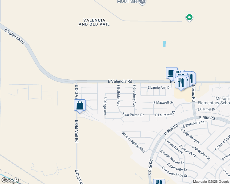 map of restaurants, bars, coffee shops, grocery stores, and more near 8645 East Getsinger Lane in Tucson