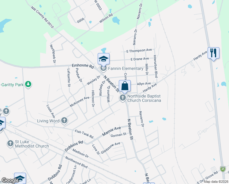 map of restaurants, bars, coffee shops, grocery stores, and more near 2912 North Beaton Street in Corsicana