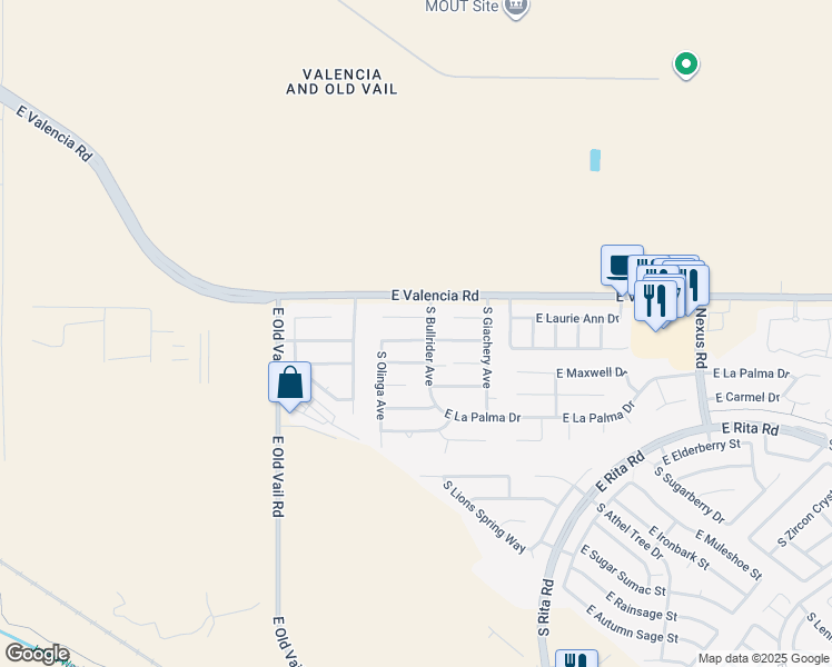map of restaurants, bars, coffee shops, grocery stores, and more near 8645 East Getsinger Lane in Tucson