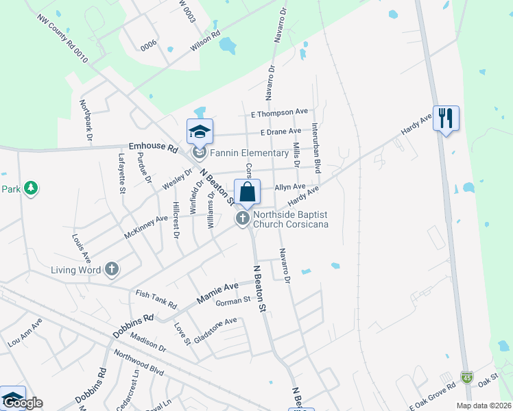 map of restaurants, bars, coffee shops, grocery stores, and more near 102 East Holsey Avenue in Corsicana