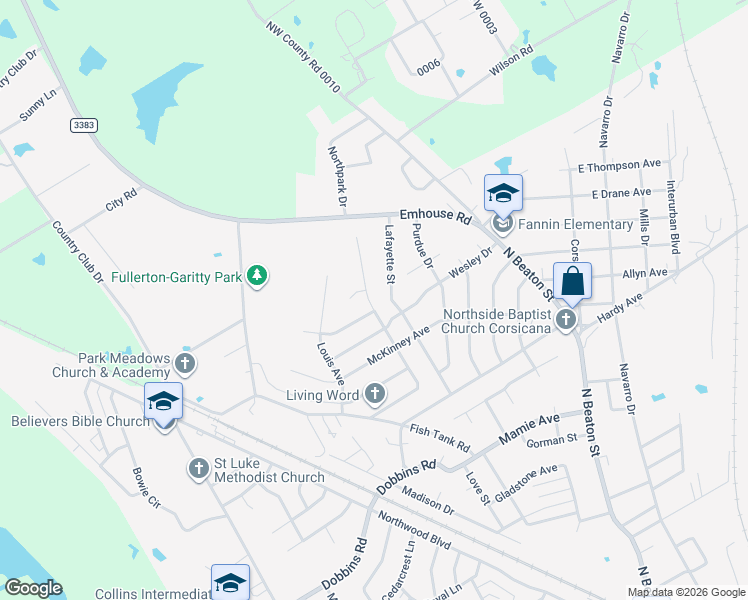 map of restaurants, bars, coffee shops, grocery stores, and more near 3105 Oakridge Drive in Corsicana