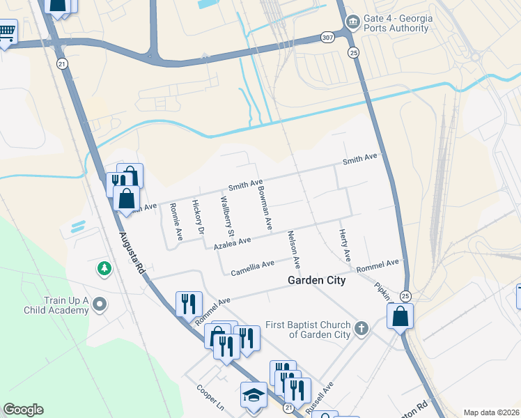map of restaurants, bars, coffee shops, grocery stores, and more near 115 Bowman Avenue in Savannah