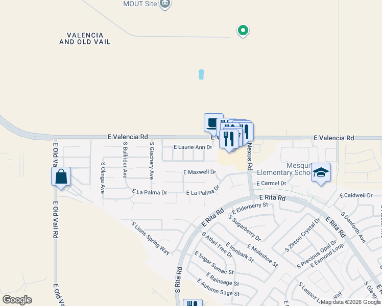 map of restaurants, bars, coffee shops, grocery stores, and more near 7356 Amber Marie Avenue in Tucson