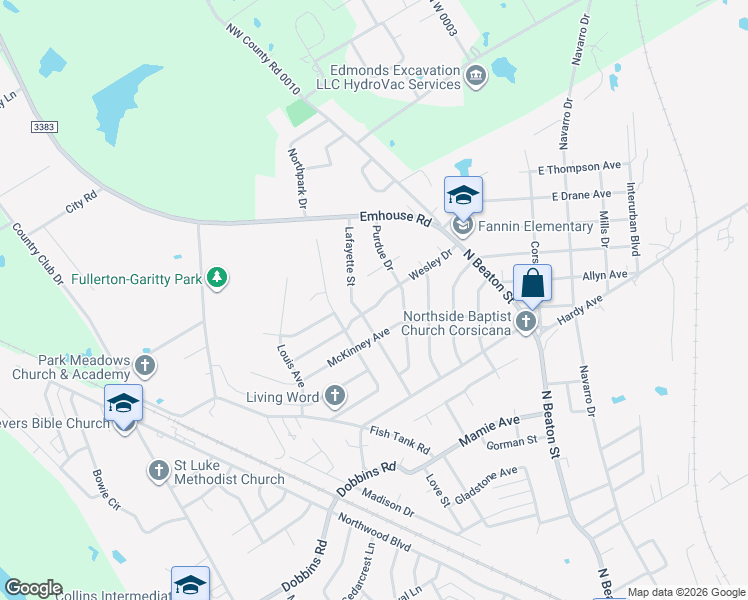 map of restaurants, bars, coffee shops, grocery stores, and more near 352 Wesley Drive in Corsicana