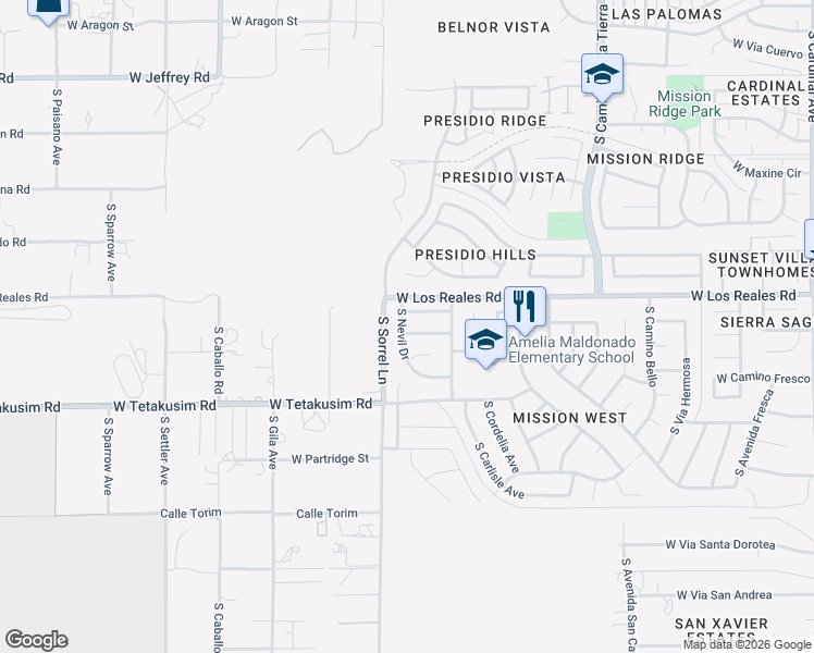 map of restaurants, bars, coffee shops, grocery stores, and more near 3756 West Exton Lane in Tucson