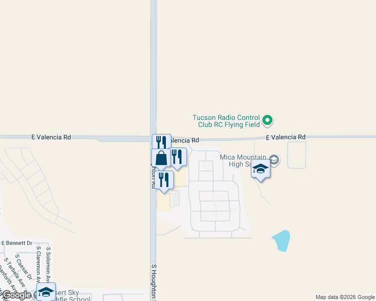 map of restaurants, bars, coffee shops, grocery stores, and more near 7342 South Pacific Willow Drive in Tucson