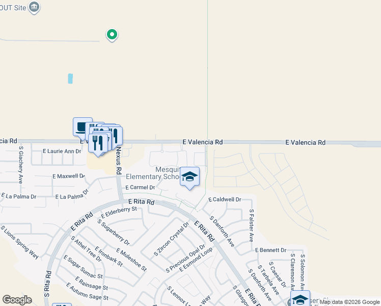 map of restaurants, bars, coffee shops, grocery stores, and more near 9410 East Valencia Road in Tucson