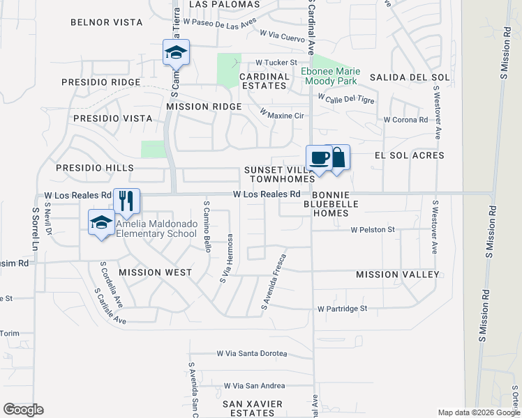 map of restaurants, bars, coffee shops, grocery stores, and more near 7361 South Avenida Perlina in Tucson