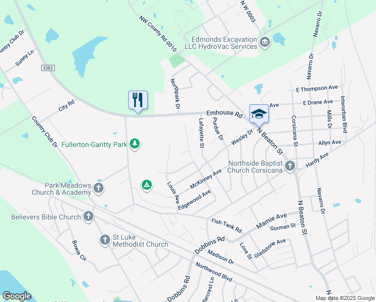 map of restaurants, bars, coffee shops, grocery stores, and more near 616 Oakridge Circle in Corsicana