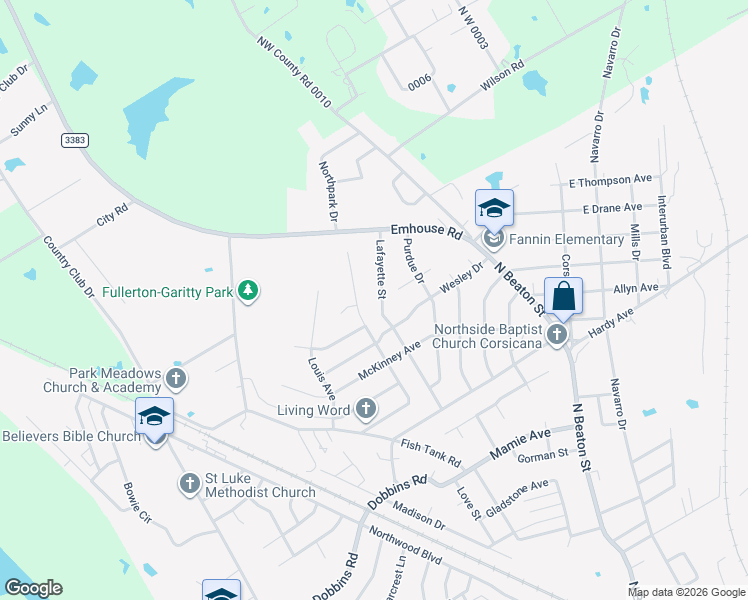 map of restaurants, bars, coffee shops, grocery stores, and more near 3105 Oakridge Drive in Corsicana