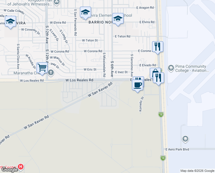 map of restaurants, bars, coffee shops, grocery stores, and more near 0 West San Xavier Road in Tucson