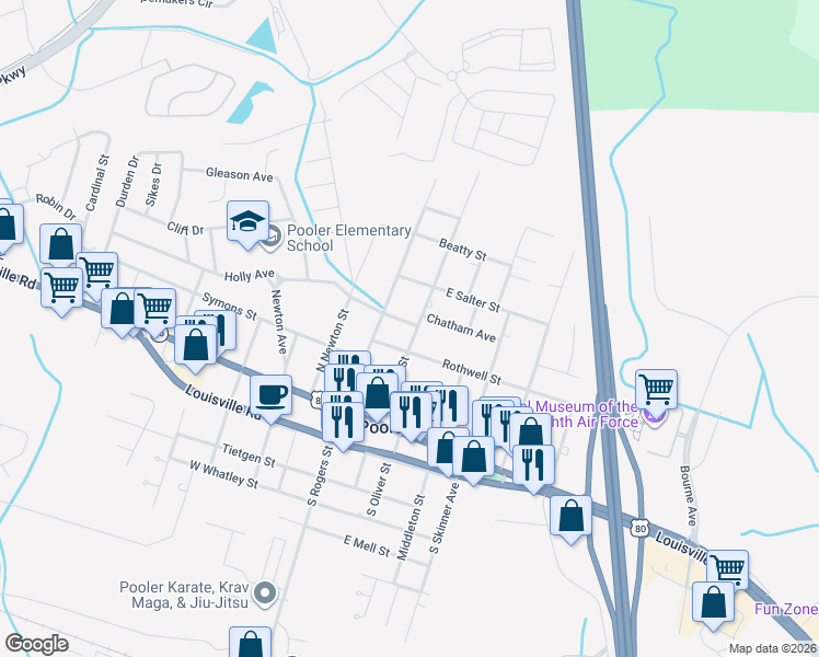 map of restaurants, bars, coffee shops, grocery stores, and more near 215 Morgan Street in Pooler