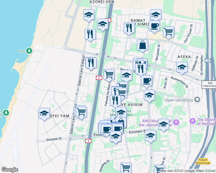 map of restaurants, bars, coffee shops, grocery stores, and more near  in Tel Aviv