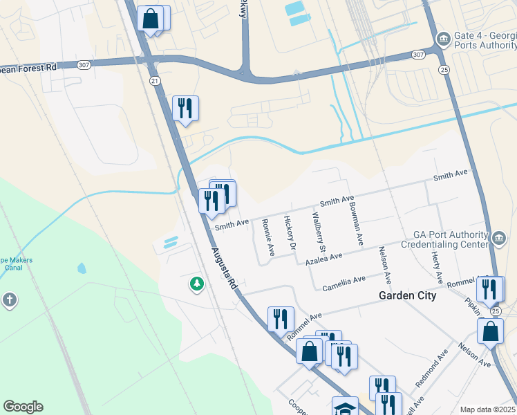 map of restaurants, bars, coffee shops, grocery stores, and more near 158 Smith Avenue in Savannah
