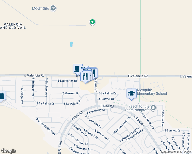 map of restaurants, bars, coffee shops, grocery stores, and more near E Valencia Rd & Nexus Rd in Tucson