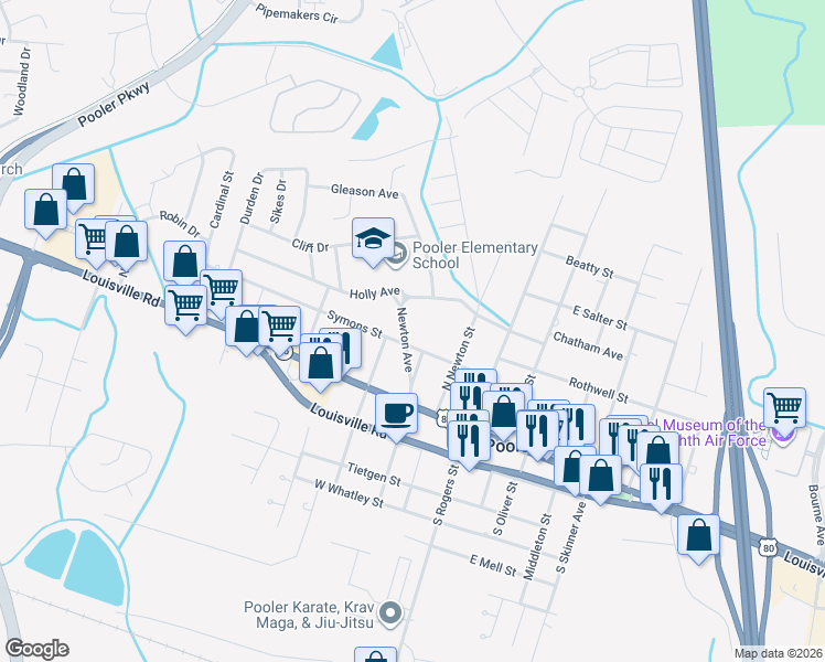 map of restaurants, bars, coffee shops, grocery stores, and more near 210 Newton Avenue in Pooler