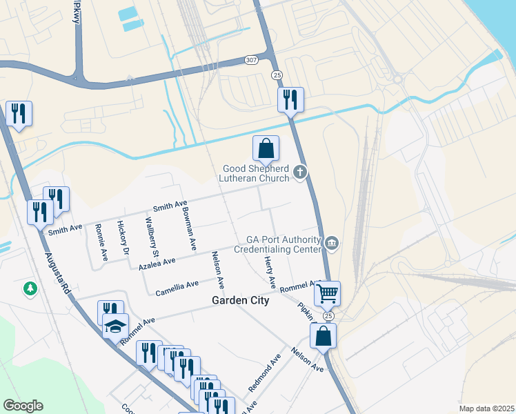 map of restaurants, bars, coffee shops, grocery stores, and more near 118 Oberlin Drive in Savannah