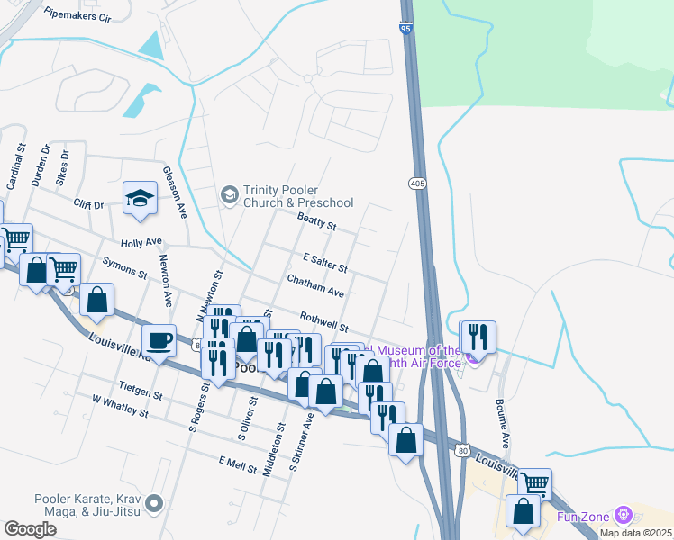map of restaurants, bars, coffee shops, grocery stores, and more near 320 Georgia Avenue in Pooler