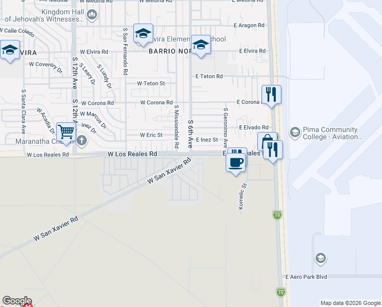 map of restaurants, bars, coffee shops, grocery stores, and more near West San Xavier Road in Tucson