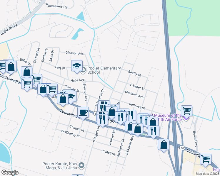 map of restaurants, bars, coffee shops, grocery stores, and more near 102 Holly Avenue in Pooler