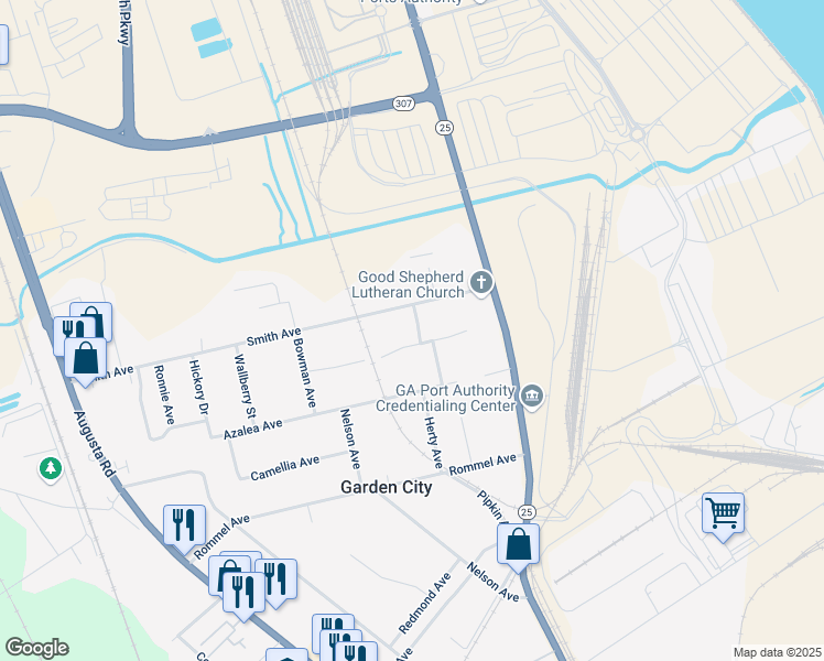 map of restaurants, bars, coffee shops, grocery stores, and more near 118 Oberlin Drive in Savannah