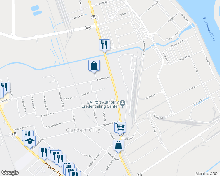 map of restaurants, bars, coffee shops, grocery stores, and more near 55 Main Street in Savannah