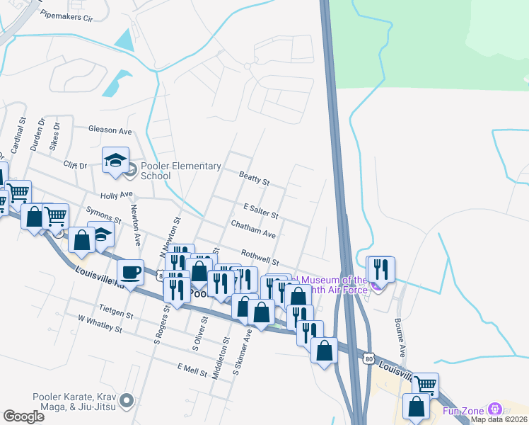 map of restaurants, bars, coffee shops, grocery stores, and more near 300 East Salter Street in Pooler