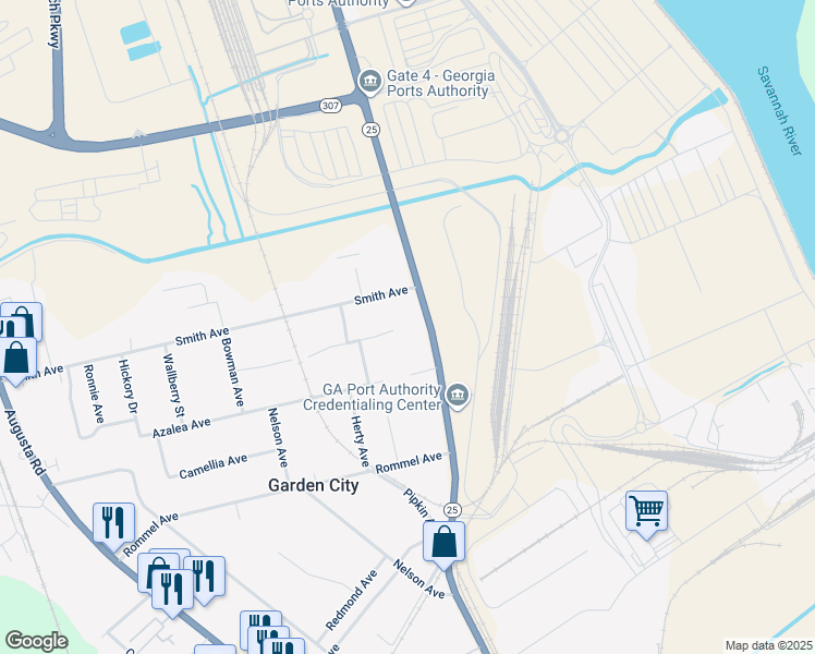 map of restaurants, bars, coffee shops, grocery stores, and more near 55 Main Street in Savannah