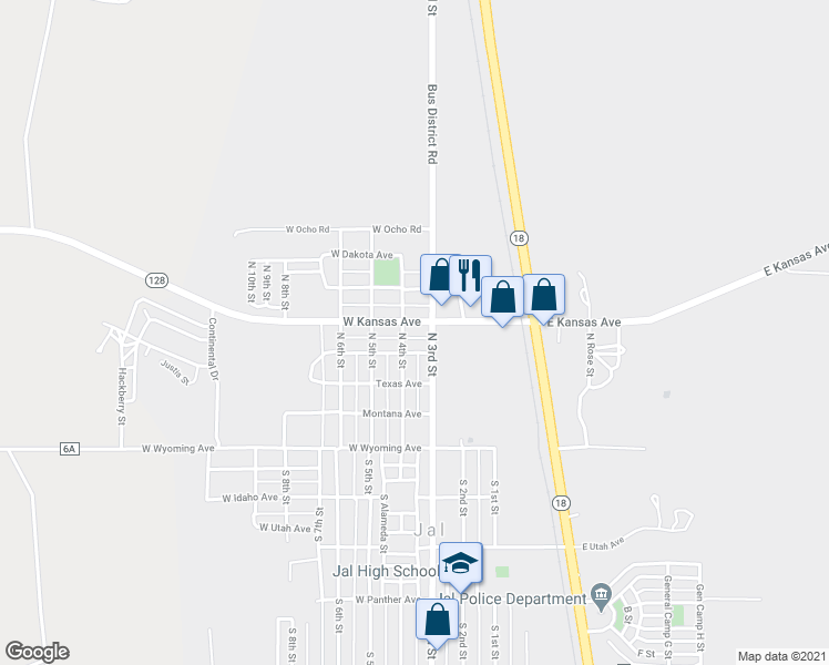 map of restaurants, bars, coffee shops, grocery stores, and more near 113 West Kansas Avenue in Jal