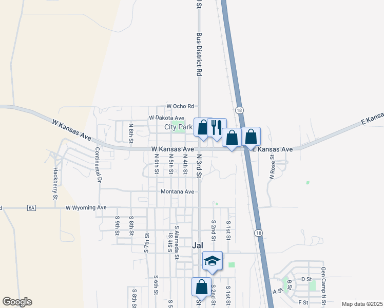 map of restaurants, bars, coffee shops, grocery stores, and more near 113 West Kansas Avenue in Jal