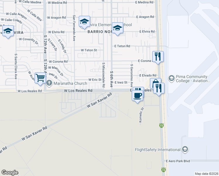 map of restaurants, bars, coffee shops, grocery stores, and more near 7275 South Missiondale Road in Tucson