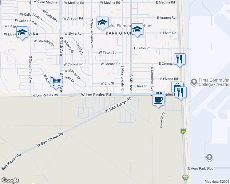 map of restaurants, bars, coffee shops, grocery stores, and more near 7270 South Teri Place in Tucson