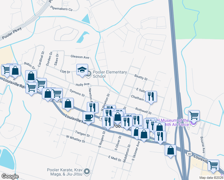 map of restaurants, bars, coffee shops, grocery stores, and more near 102 Holly Avenue in Pooler