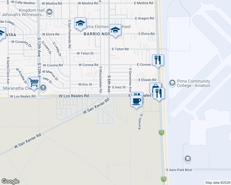 map of restaurants, bars, coffee shops, grocery stores, and more near 25 East Los Reales Road in Tucson