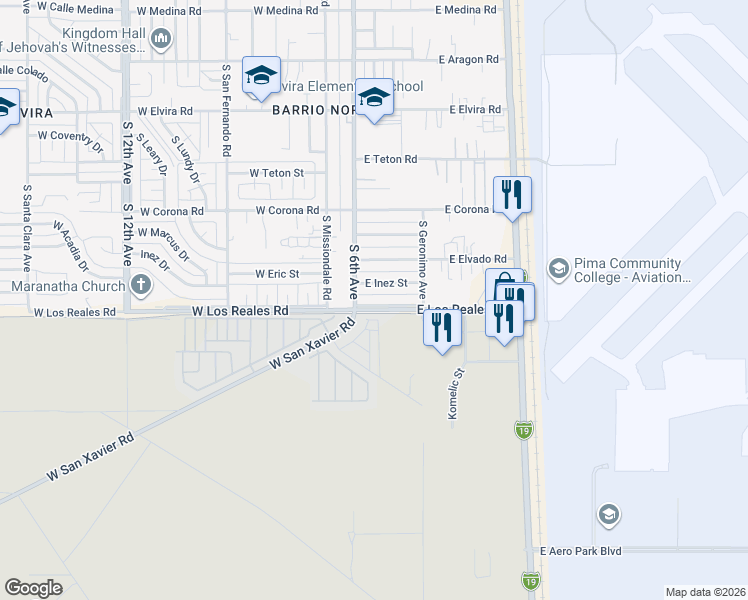 map of restaurants, bars, coffee shops, grocery stores, and more near 25 East Los Reales Road in Tucson