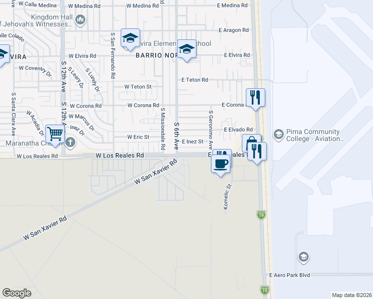 map of restaurants, bars, coffee shops, grocery stores, and more near 25 East Los Reales Road in Tucson
