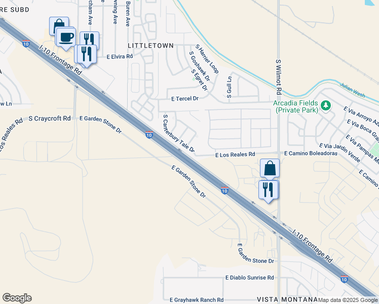 map of restaurants, bars, coffee shops, grocery stores, and more near 7276 South Canterbury Drive in Tucson