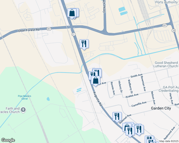 map of restaurants, bars, coffee shops, grocery stores, and more near 5228 Augusta Road in Savannah