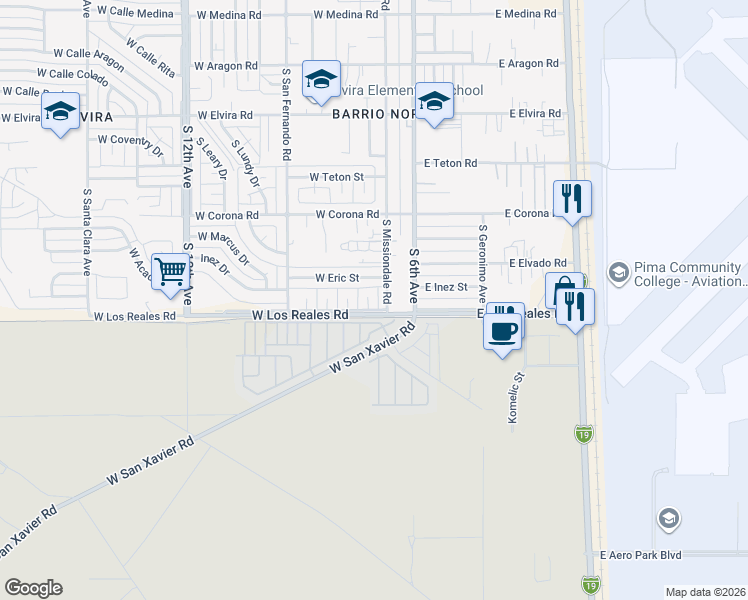map of restaurants, bars, coffee shops, grocery stores, and more near 7270 South Teri Place in Tucson