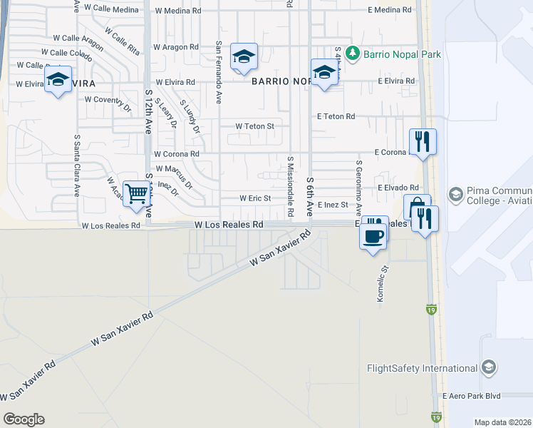 map of restaurants, bars, coffee shops, grocery stores, and more near 7261 South Theodore Place in Tucson